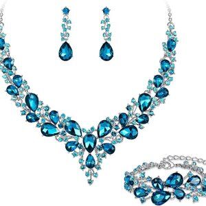 Crystal Bridal Jewelry Set Floral Statement Necklace Earrings Bracelet Wedding